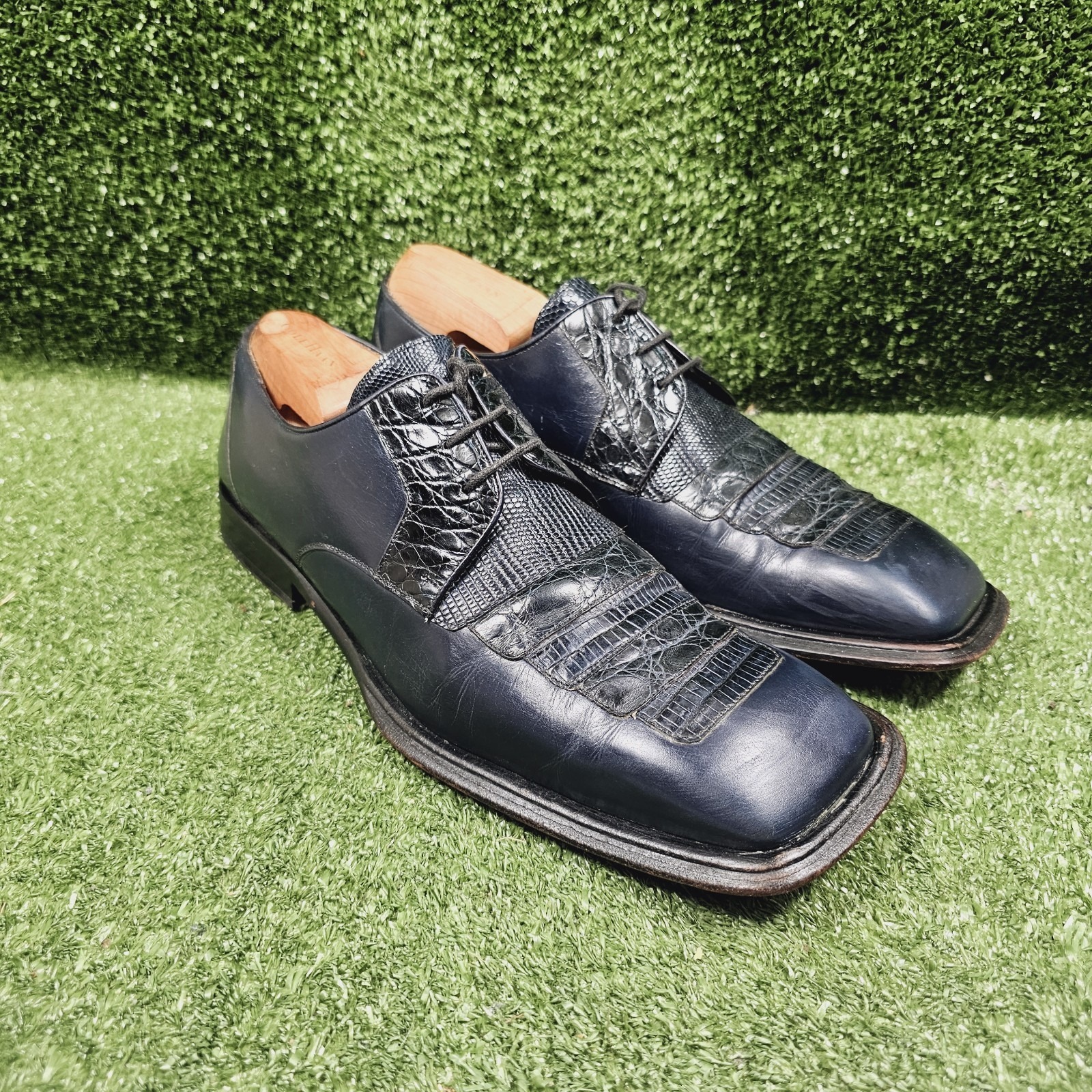 Mezlan Navy Blue Crocodile Leather Square Toe Oxford Dress Shoes Mens Size 9.5